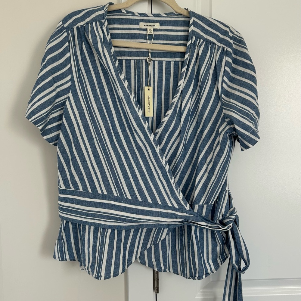Max Studio Striped Blue Wrap Top